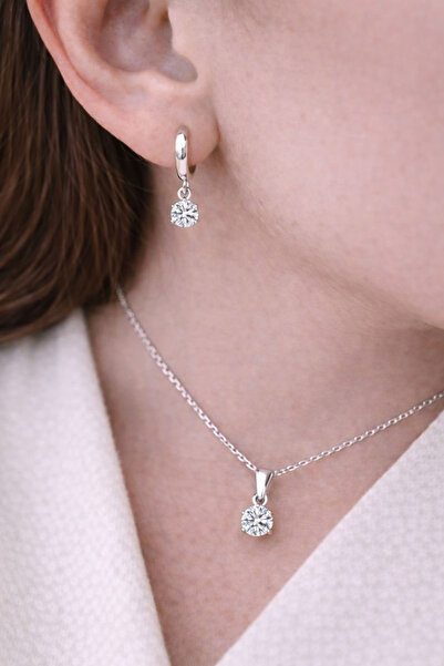 Brezza Lusso Jewelry Minimal Grace Zirkon Taşlı Kadın Gümüş Kolye Küpe Set