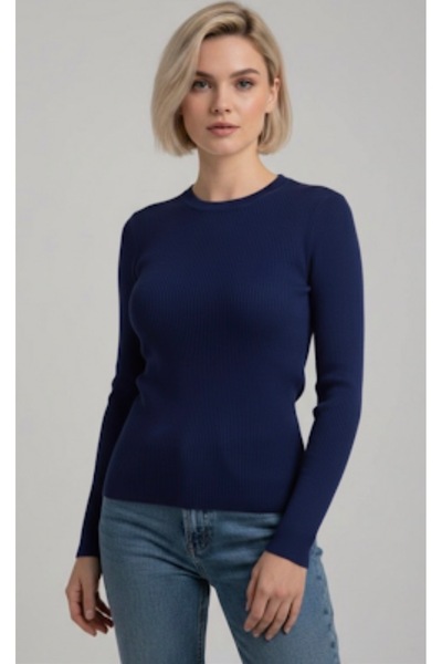 Be Best Women's Cobalt Blue Crew Neck Basic Knitwear Blouse Be358