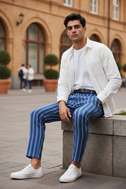 dehaine Pantaloni casual pentru barbati, in dungi, slim fit, bleumarin, B1606