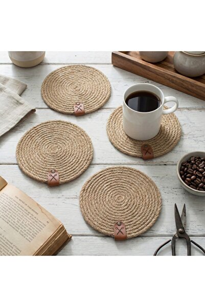 Homever 4 Pieces 12cm Natural Jute Rope Candle Coaster - Coffee Presentation Set