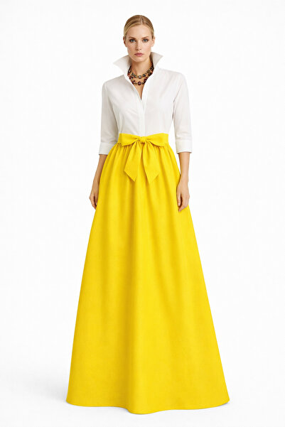 UNTIMELY Üzeri Beyaz Amerikan Saten & Eteği Sarı Tafta Maxi Boy Gömlek Elbise