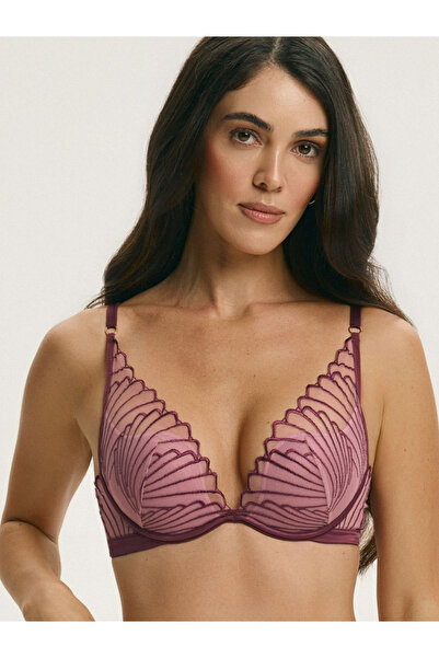 ESOTIQ Sutien push-up cu broderie din dantelă botanică, plasă, cu armătură și...