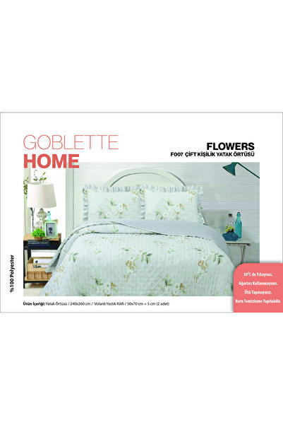 GOBLETTE HOME FLOWERS Serisi ÇİFT Kişilik Kapitone Yatak Örtüsü Seti - Fırfır...
