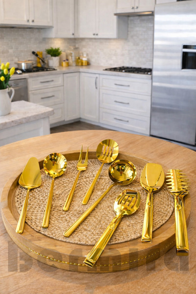 BERMİRA Home Collection 8 Parça Gold Sos Servis Seti Ve Maşa Servis Sunum Set...