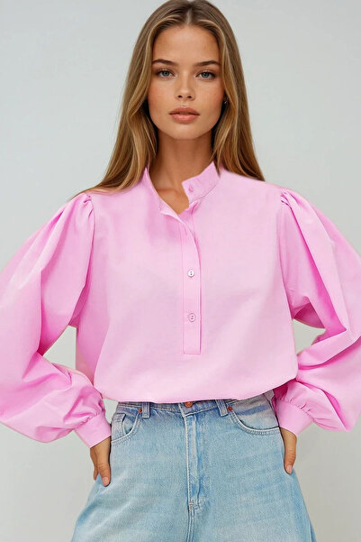 VAGGON Pembe Hakim Yaka Önü Düğmeli Balon Kol Poplin Dokuma Gömlek