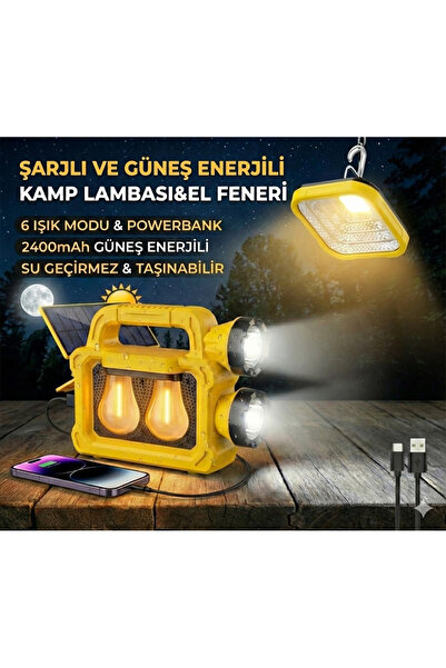 nelerbulurum ŞARJLI 6 MODLU GÜNEŞ ENERJİ PANELLİ BEYAZ VE SARI IŞIKLI 2400MAH...
