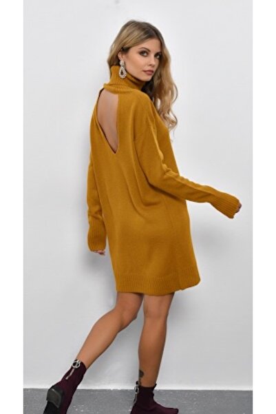 Be Best Women's Mustard Turtleneck Backless Knitwear Dress Be353