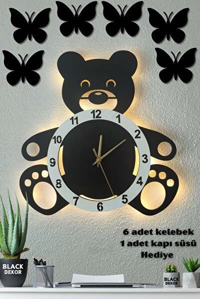 Blackdekor Beyaz Ayı Figürlü LED Işıklı Modern Ahşap Duvar Saati | Çocuk Odas...