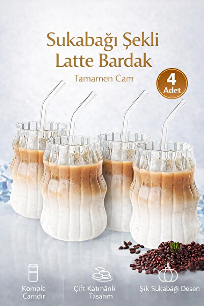 Berdina Home 4'lü Sukabağı Latte Cam Pipetli Bardak Seti İskandinav Burgu Tar...