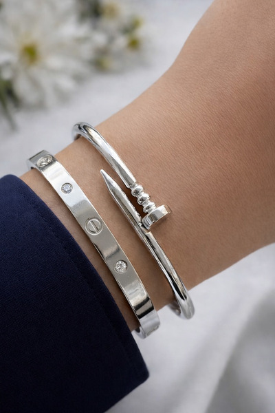 Crc Bijuteri سوار نسائي من الفولاذ بلون فضي مكون من قطعتين