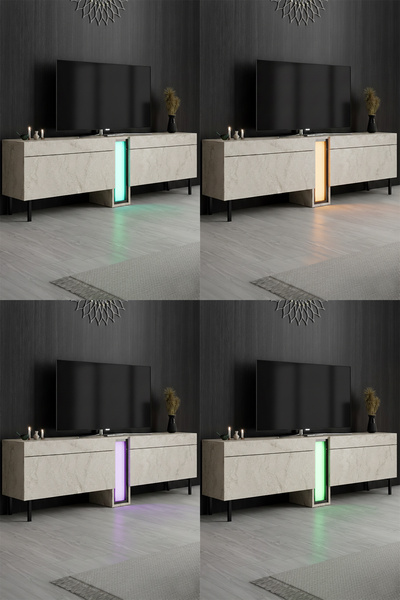 Modatte NOVA TV ÜNİTESİ LED IŞIKLI METAL AYAKLI MODERN TASARIM TRAVERTEN TV SEHPASI