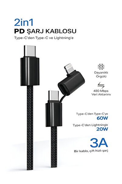 ÇELİKWORK 2in1 3A 1.2m 60W Type-C & 20W Lightning Örgü PD Hızlı Şarj ve Data ...
