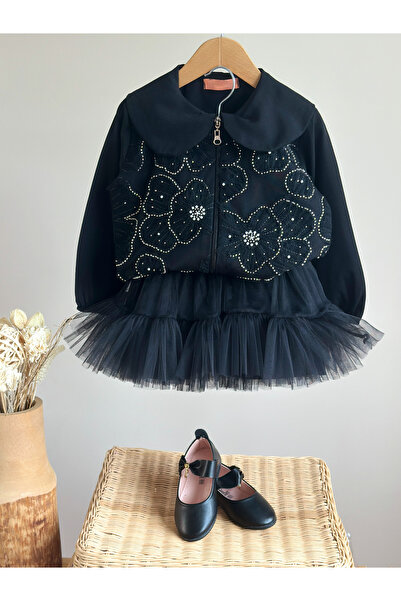 Pinkitokids Комплект за момичета с яке с перлени детайли и тюлена пола - черен