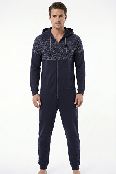 Kyron Navy Blue Nordic Patterned Unisex Hooded Jumpsuit - Zippered
