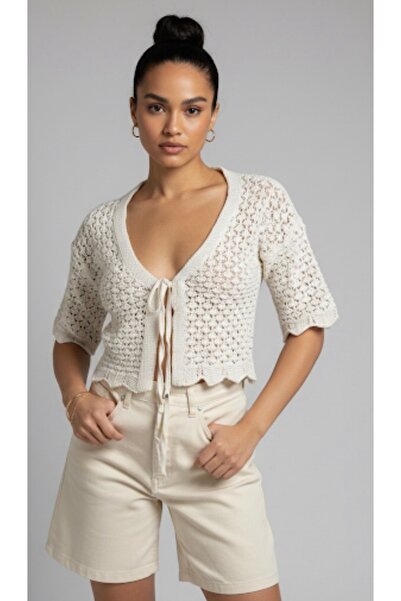 Be Best Women's Ecru Front-Tie Lace-Like Knit Knitwear Cardigan Be366