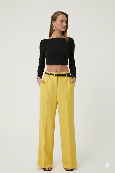 Quzu بنطال عالي الخصر واسع الساق مع تفاصيل حزام أصفر