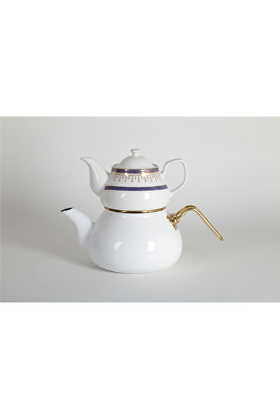 İpek Porselen Lacivert Zerafet Desenli Porselen Üst – Emaye Alt Çaydanlık Seti