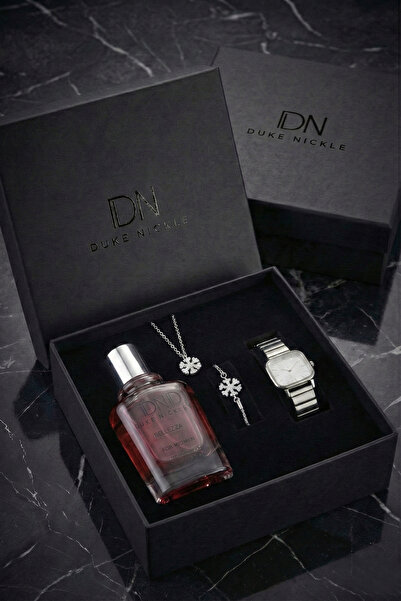 Duke Nickle Gümüş: Kadın Gümüş Kare Kol Saati, Parfüm ve Zirkon Taşlı Kolye-B...