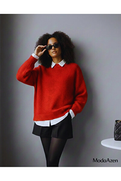 ModaAzen Kırmızı Bisiklet Yaka Oversize Kadın Triko Kazak