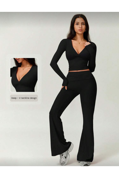 LUVIENNA Премиум модал джърси дълъг ръкав с дълбоко V-образно деколте дамски ...