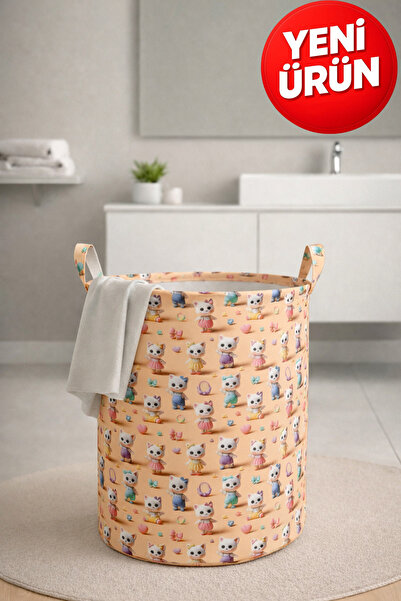 Paris Home Kedicik Baskılı Katlanır Kirli Çamaşır ve Çocuk Oyuncak Sepeti – Ç...