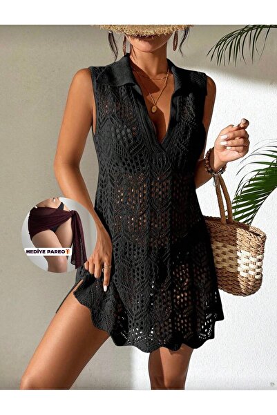 moda mh Πλεκτό φόρεμα παραλίας με ανοιχτό μοτίβο πουκάμισο με γιακά αμάνικο μ...