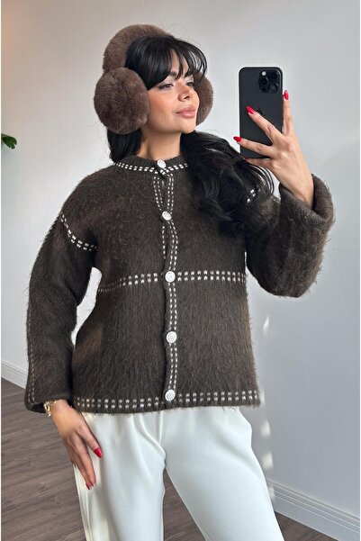 Touche Şardonlu Kontrast Hırka - Kahve