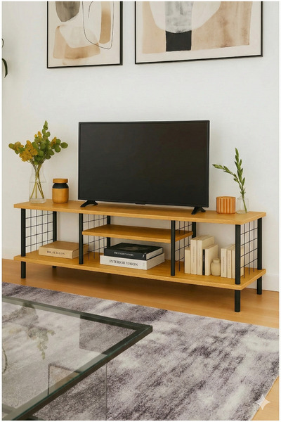 PEKA Tv Sehpası 2 Raflı Televizyon Ünitesi Ahşap Ayaklı Metal Bölmeli Çevir Kur