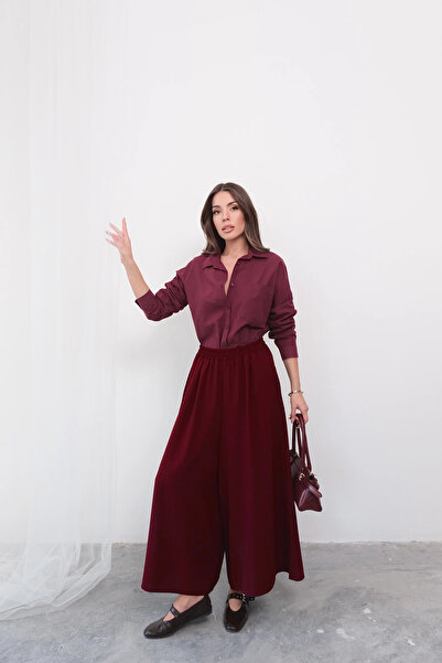 Hatun Atila Fusta pantaloni din crepon dublu cu croială largă cu talie elasti...