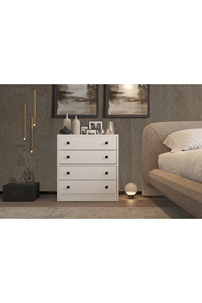 Nettrends Dört Çekmeceli Beyaz Komodin Çıtasız Kmd-1046-ç