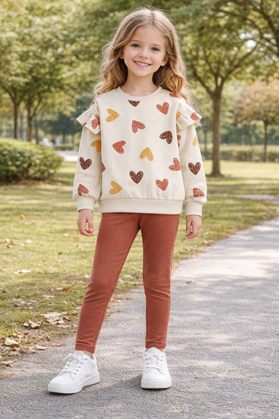 LC Waikiki LCW Kids Bej guler rotund Hanorac și jambiere pentru fete tricou