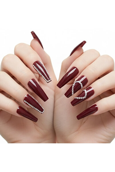 EDA LUXURY BEAUTY 24'lü Koyu Kırmızı Bordo Takma Tırnak Lüks 3d Kristal Taşlı...