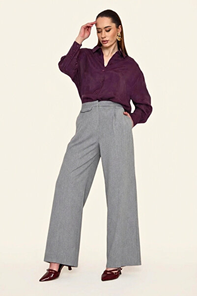 LA PANTE Kadın Pantolon Palazzo Pantolon Bol Paça Düz Kesim Gri Kadın Kumaş P...