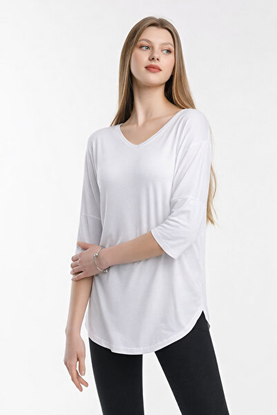 modavingo Kadın Beyaz V Yaka Salaş Kesim Tunik