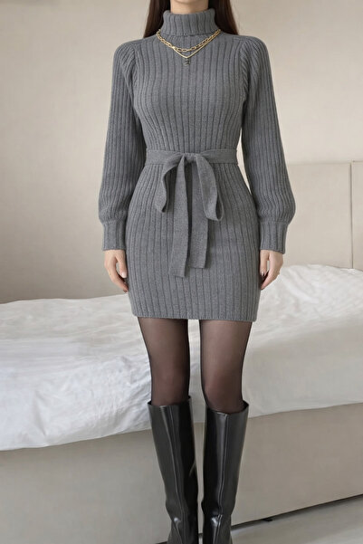 MARLİNG Women's Gray Knit Dress - with Belt, High Neck