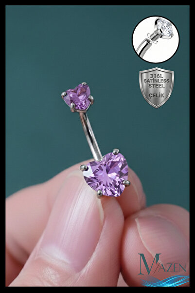 MAZEN Lila Kalp Zirkon Taşlı Göbek Piercing | 316L Çelik | Gri Bar | Kararmaz...