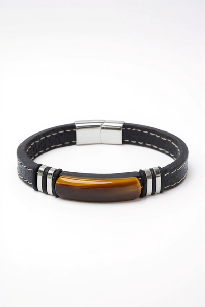 HERİF Aksesuar Erkek Kaplan Gözü Taşlı Çelik Halat Ve Çelik Klipsli Deri Bile...