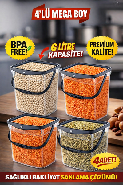 Open Home Concept طقم تخزين مربع لبقولات الدقيق بحجم كبير 6 لتر مكون من 4 قطع...