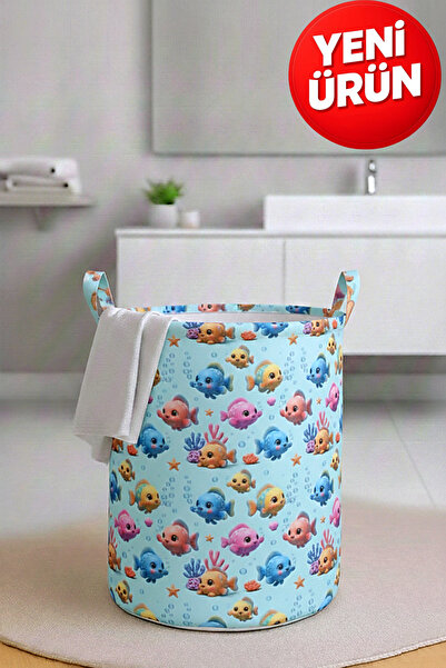Paris Home Balık Baskılı Katlanır Kirli Çamaşır ve Çocuk Oyuncak Sepeti – Çok...