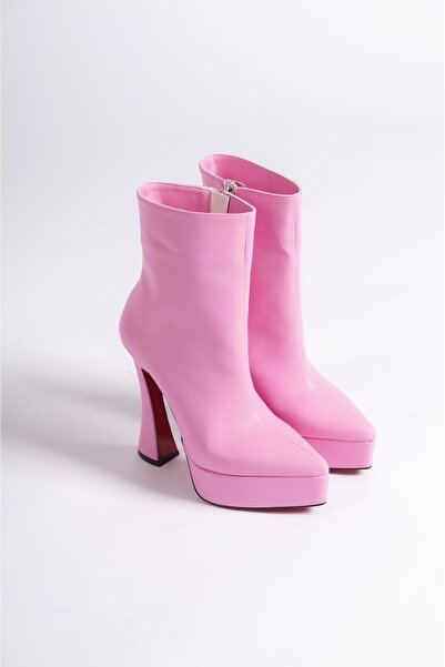 Ayakkabı Ateşi Pink Skin Platform Design Γυναικείες Μπότες Μεσαίο Τακούνι Παπ...