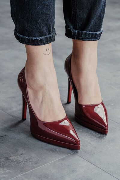 Ayakkabı Ateşi Claret Red Patent Leather Short Platform Women's Thin Heeled S...