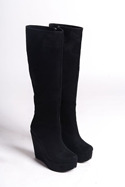 Ayakkabı Ateşi Siyah Süet Dolgu Topuklu Kadın Çizme Kelly