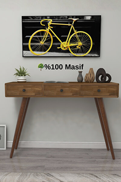 WOODFACE Masif Ahşap Makyaj Masası 110x90 3 Çekmeceli Siyah Doğal Ahşap Dresu...