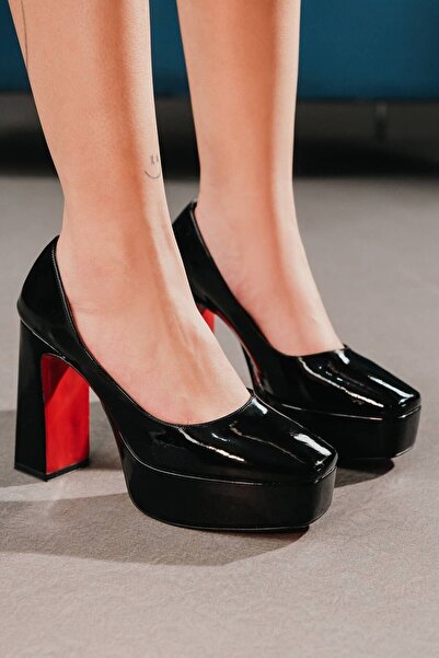Ayakkabı Ateşi Black Patent Leather Women's Thick Heeled Shoes Ecovan