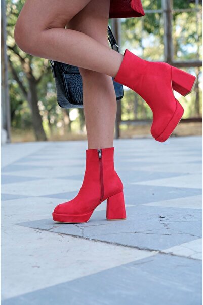 Ayakkabı Ateşi Kırmızı Süet Tasarım Topuklu Kadın Ayakkabı Layana