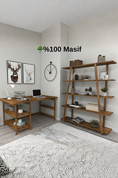 WOODFACE Masif Ahşap Doğal Ahşap 2 Bölüm Çalışma Masa 5 Raflı Kitaplık Takımı...