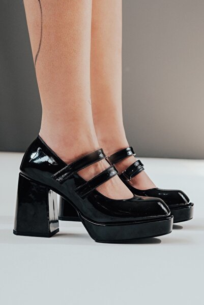 Ayakkabı Ateşi Μαύρα λουστρίνι διπλά Velcro γυναικεία παπούτσια με τακούνι Gi...