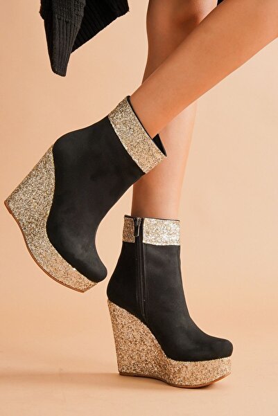 Ayakkabı Ateşi Daina Siyah Süet - Gold Simli Dolgu Topuklu Kadın Bot