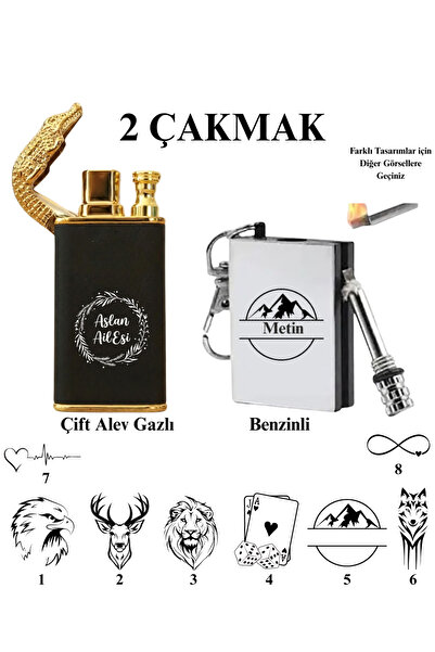 Tanem Tasarım Kişiye Özel 2'li Çakmak Çift Alev Gazlı + Benzinli Çakmak Tasar...
