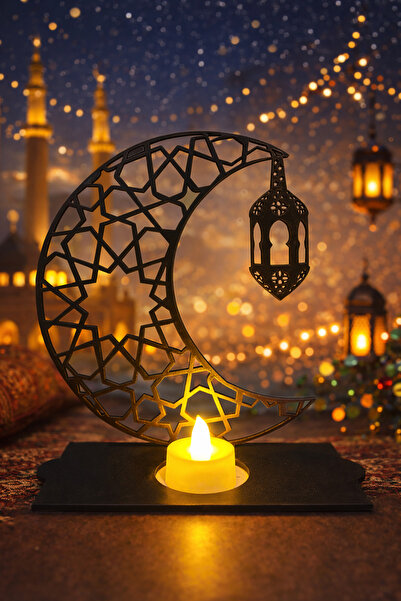 etxShop Ramazan Süsü Çift Yön Siyah Işıklı Dekoratif Masa Üstü Mumluk Fener L...